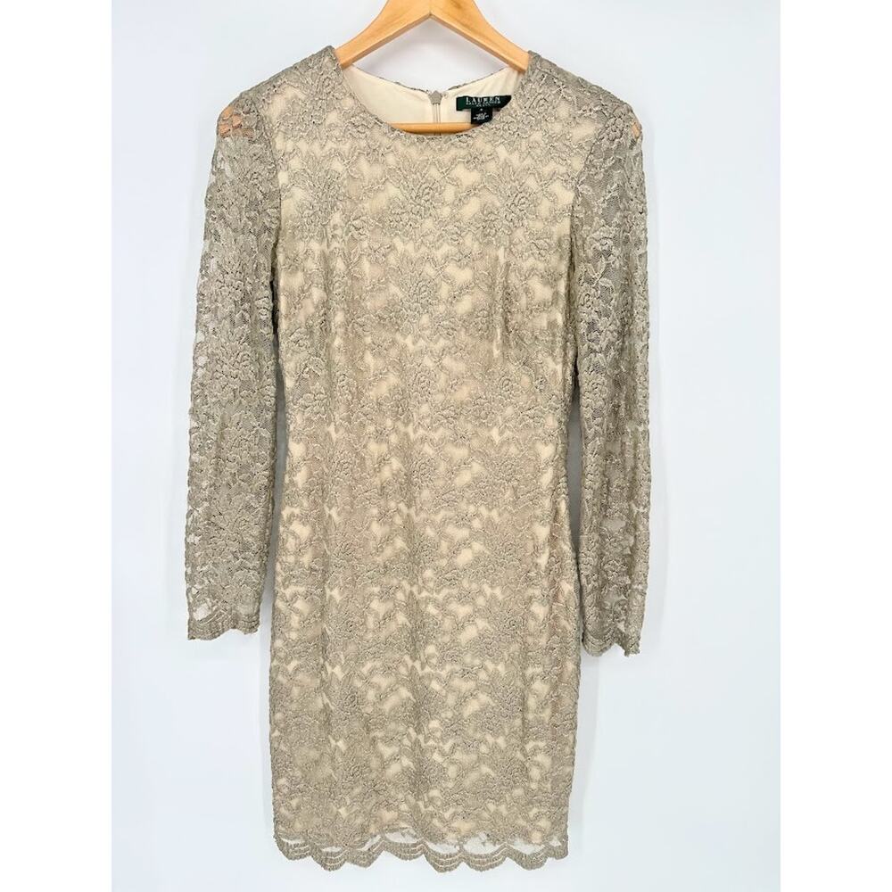 Ralph Lauren Dress Women 4 Metallic Gold Lace Cocktail Long Sleeve Lined Holiday